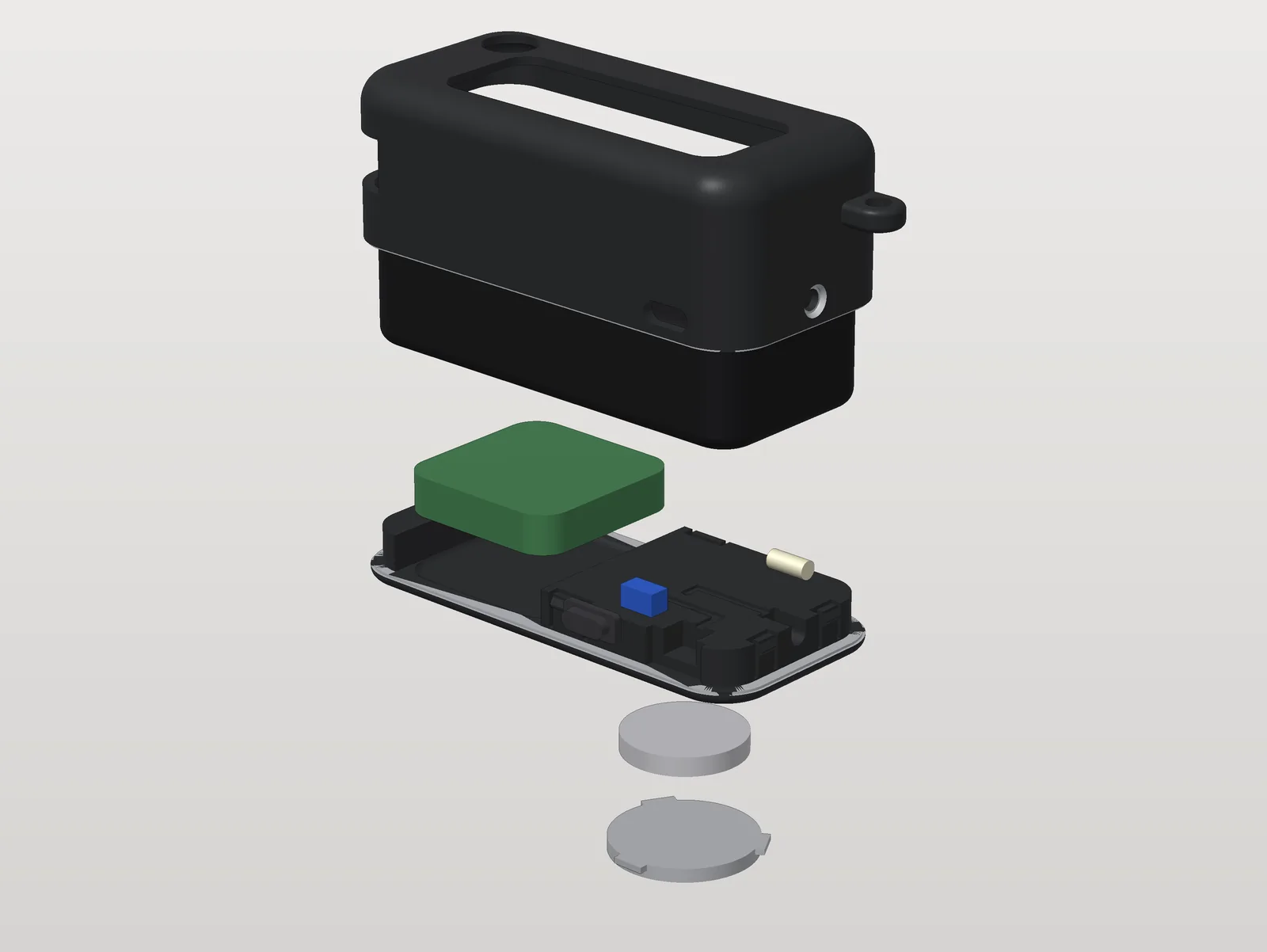 Exploded view of LumiFob for the Toyota Camry flip key: top shell, tracker module, LED and switch, back tray, CR2032 coin cell and twist-off battery door