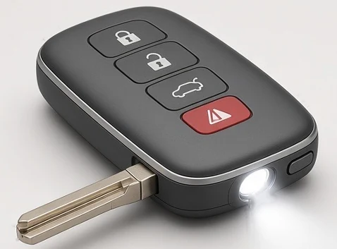 LumiFob case on a Toyota Camry flip key, three-quarter view with the LED light on